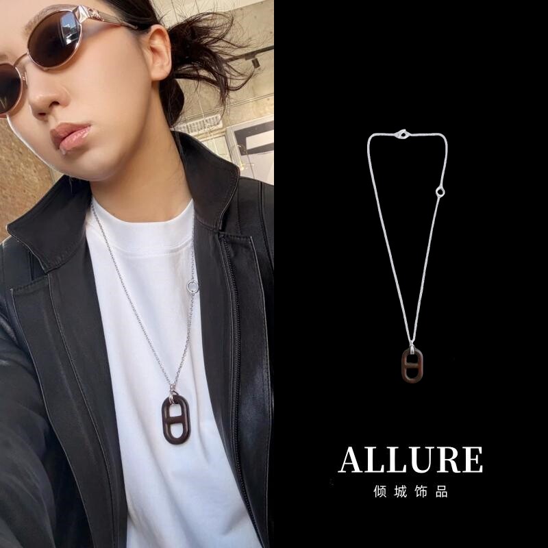 欧美新潮嘻哈中性风棕色猪鼻子吊坠男士项链长链复古小众毛衣链女