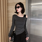 撞色斜肩设计感露肩修身 V型尖下摆T恤 上衣长袖 显瘦2025秋季 新款