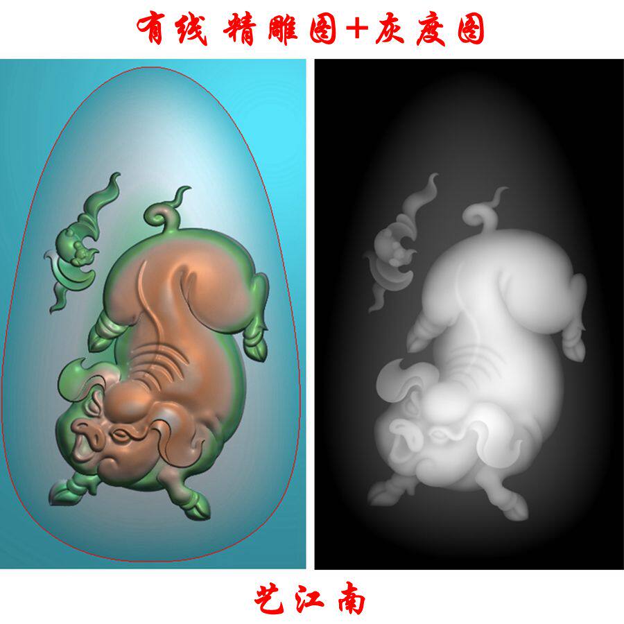 1943生肖猪蝙蝠椭圆吊坠挂件精雕jdp灰度bmp格式玉雕木雕牙雕图