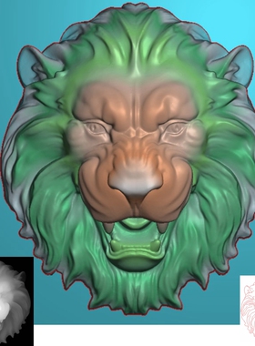 2883雄狮子头像浮雕精雕JDP灰度BMP格式玉雕木雕牙雕图