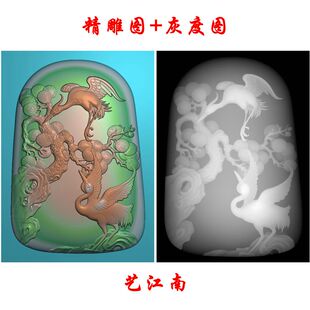 1283松鹤延年同春牌子鼓起面浮精雕JDP灰度BMP格式玉雕木雕牙雕图