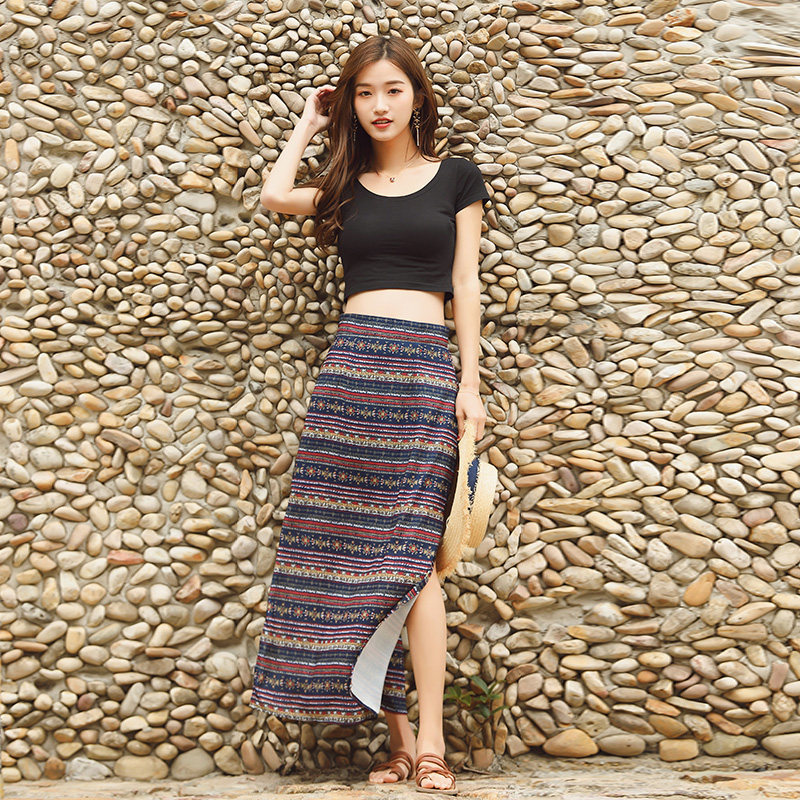 泰国民族风条纹半身裙夏季海边度假沙滩裙子女高腰显瘦侧开叉长裙在类目 女装/女士精品, 半身裙中 - 来自Buy2taobao.com提供专业的淘宝代购服务