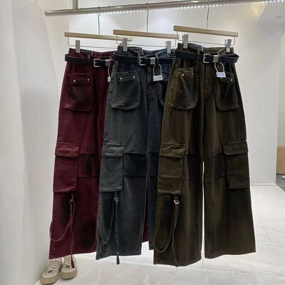 E-272-裤子2025新款美式渐变复古宽松阔腿休闲工装牛仔裤FM89163