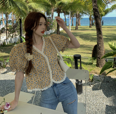 Real price ~ Korean summer sweet little fresh Ruffle flower short sleeve top 2 colors