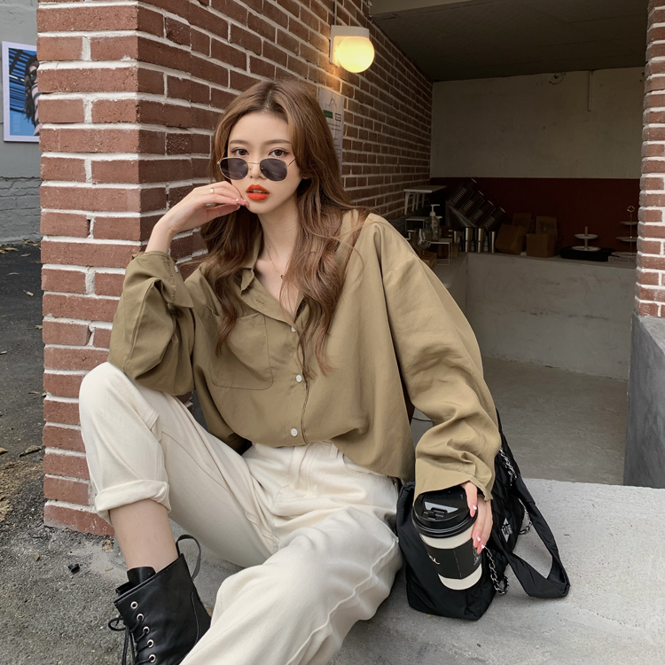 Real price ~ Korean early spring simple retro loose thin solid Long Sleeve Shirt 4 colors