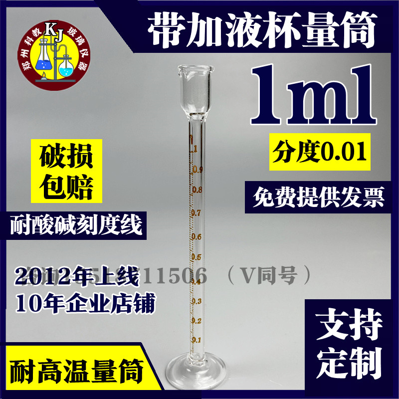 量入式玻璃量筒精密小量筒带加液杯0.5ml 1ml 2ml耐高温高精度款 工业油品/胶粘/化学/实验室用品 量筒/量杯 原图主图