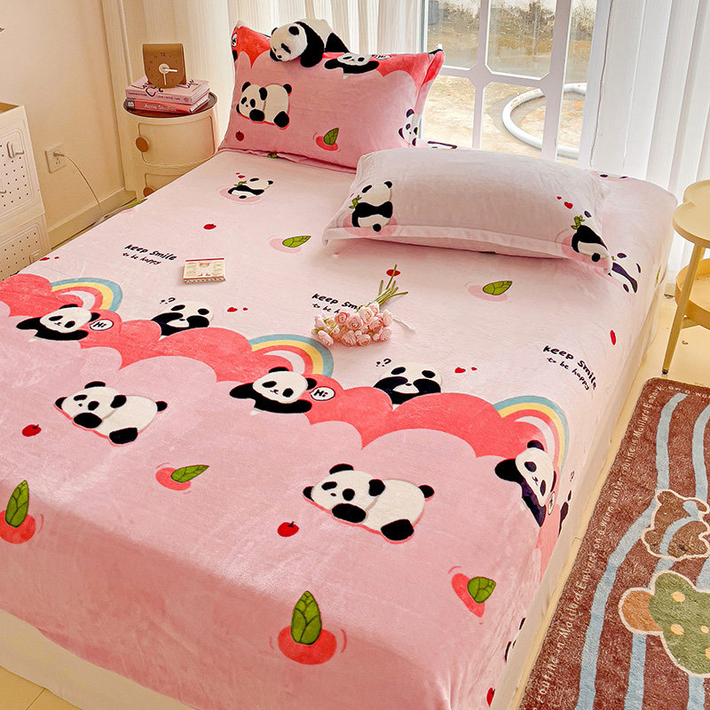 2025新款冬季儿童加厚牛奶绒卡通熊猫企鹅星空全包珊瑚绒单床笠