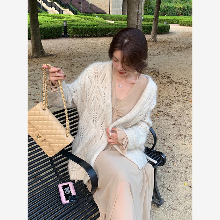 气质覆古钩针腰带剪裁开衫女子春秋季韩式懒散中长软蜡针织毛衣夹