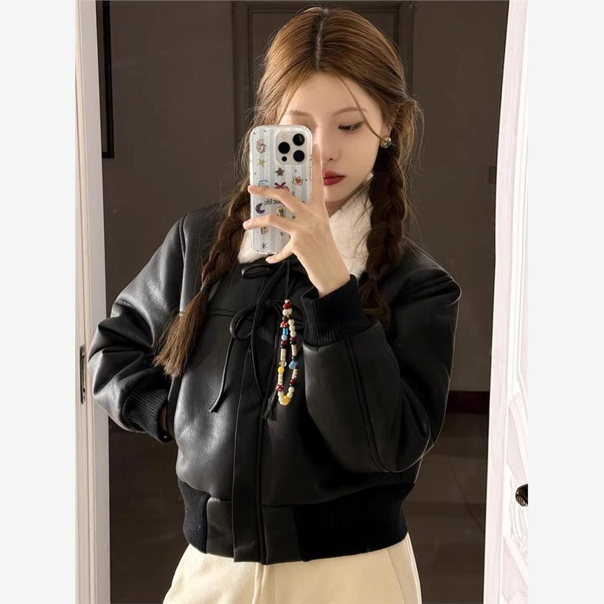 2025冬季新款小个子短款机车服夹克上衣加厚加绒黑色皮衣外套女