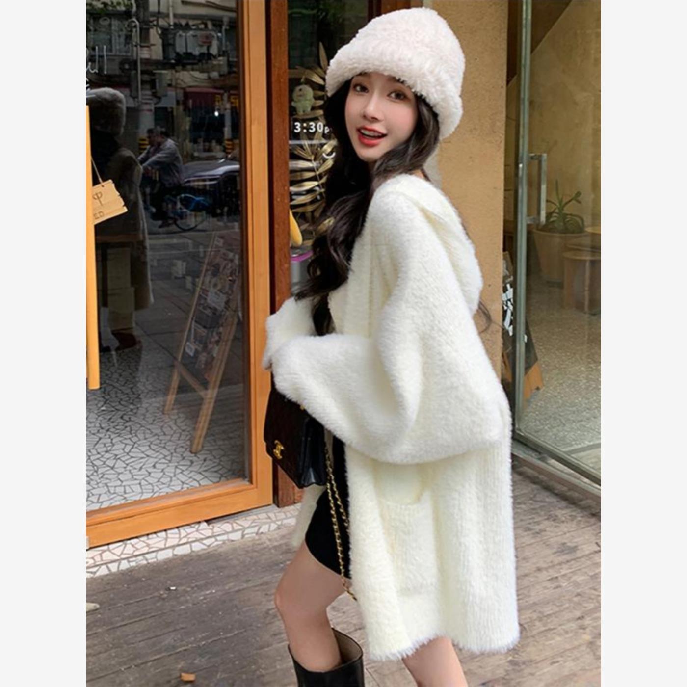 奶fufu宽松连帽水貂绒针织开衫秋冬毛茸茸加厚慵懒风穿搭毛衣外套