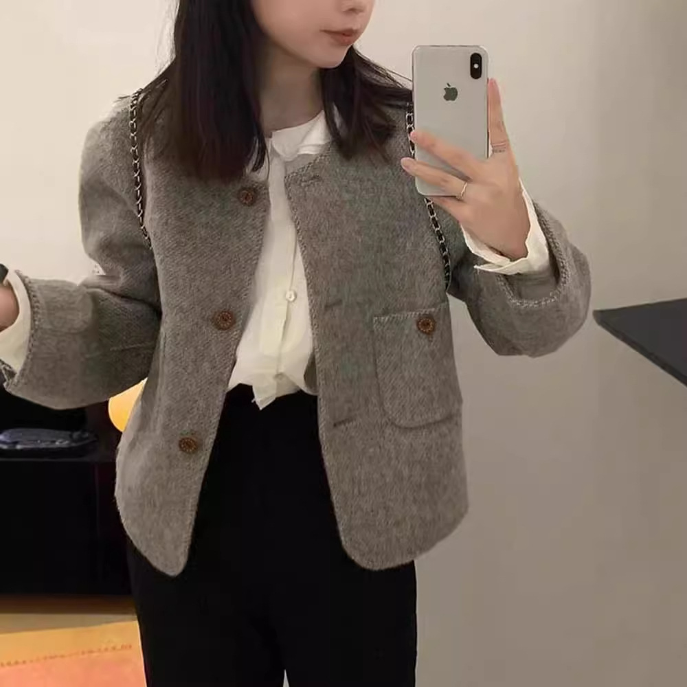 设计感小众圆领开衫毛呢外套小香风秋冬短款高级感小个子呢子大衣