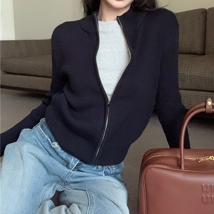 美式复古藏青拉链针织开