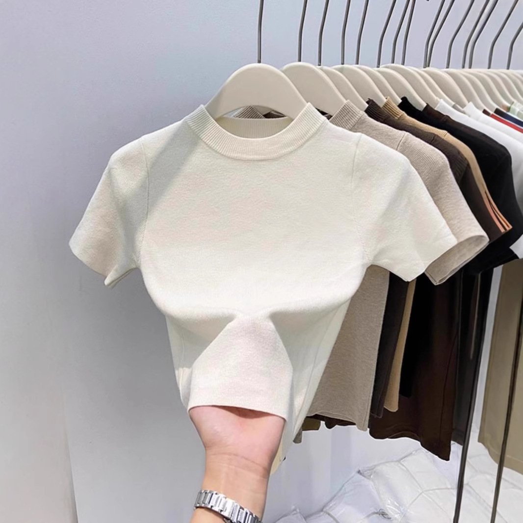 纯色内搭针织短袖针织女春夏季新款短款修身半高领甜辣设计感上衣
