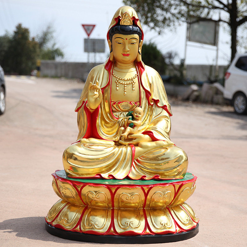 厂家直销佛像树脂玻璃钢佛像贴金彩绘送子观音菩萨送子娘娘1米1高