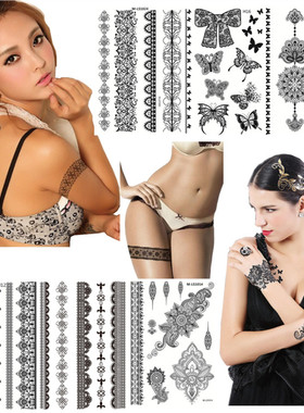 六张欧美黑色性感花臂大腿蕾丝蝴蝶结纹身贴持久防水女刺青腿环圈