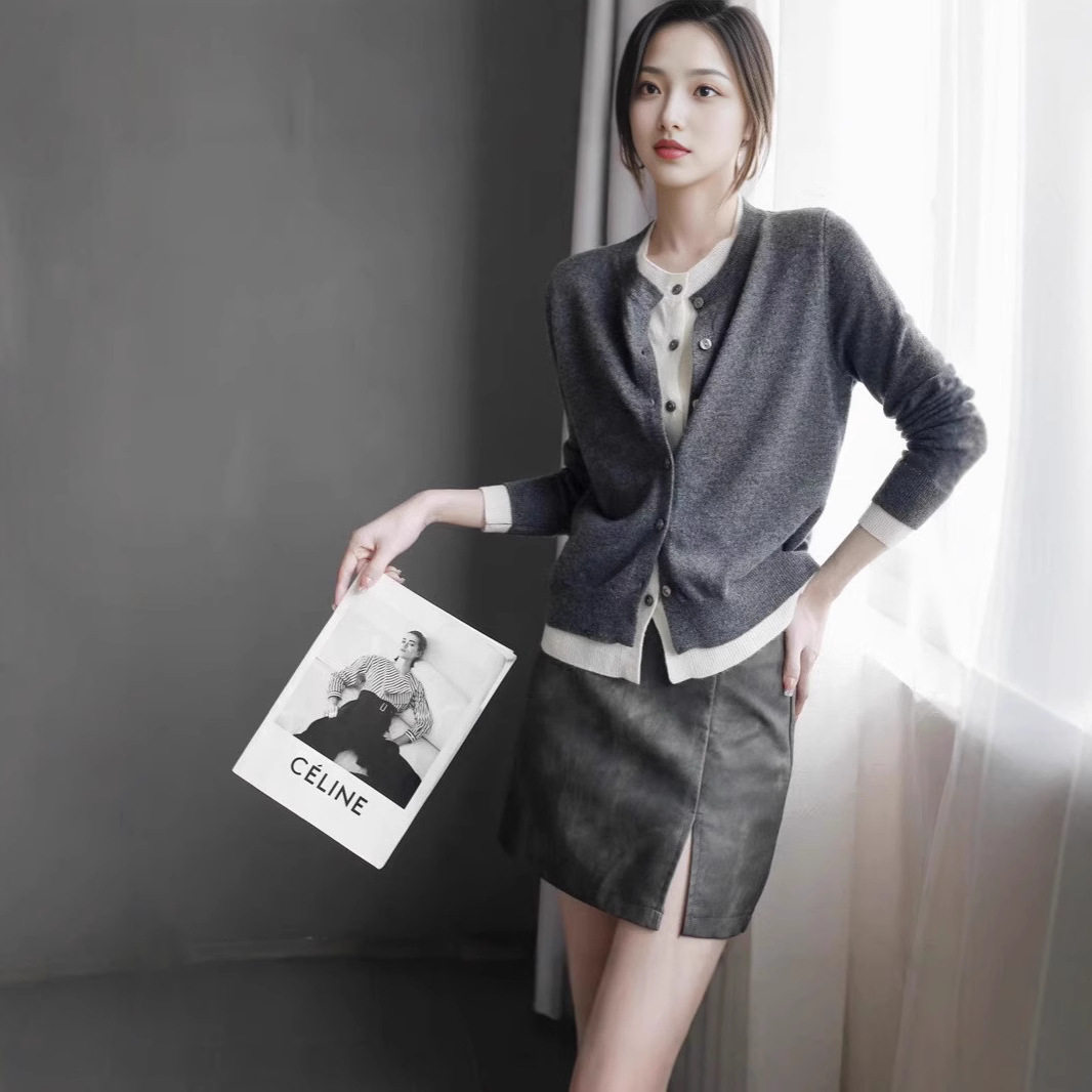 韩版慵懒风羊毛衫灰色假两件针织开衫女羊绒秋毛衣外套设计感上衣