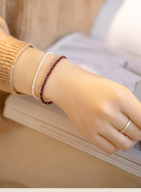 天然水晶手链女3mm天然酒红石榴