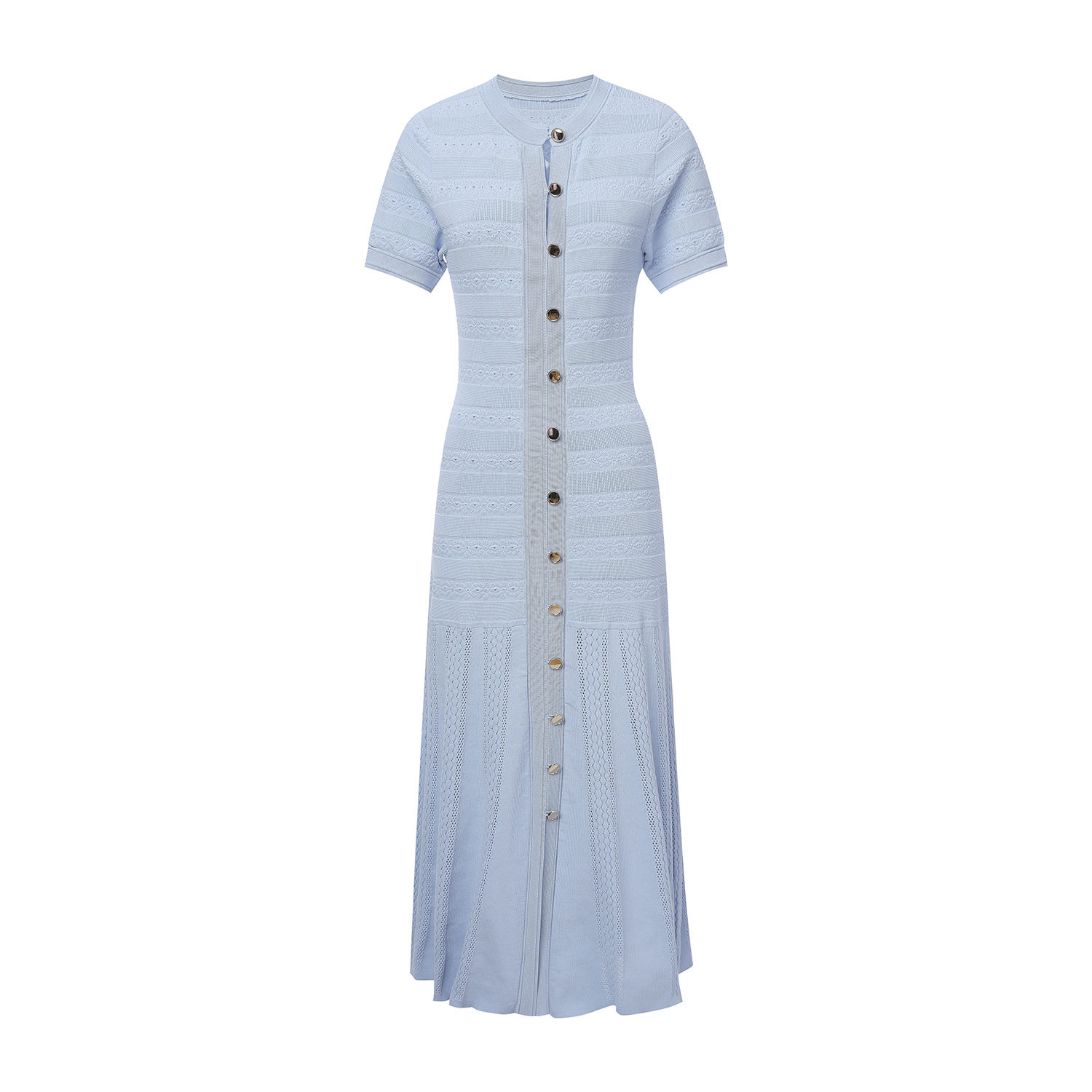 S家2026春夏新款法式镂空针织连衣裙圆领短袖单排扣长款针织裙女