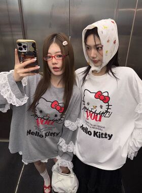 ME KAKAMEE十三行新款蕾丝拼接袖设计喷画KT猫宽松长袖T恤女9123