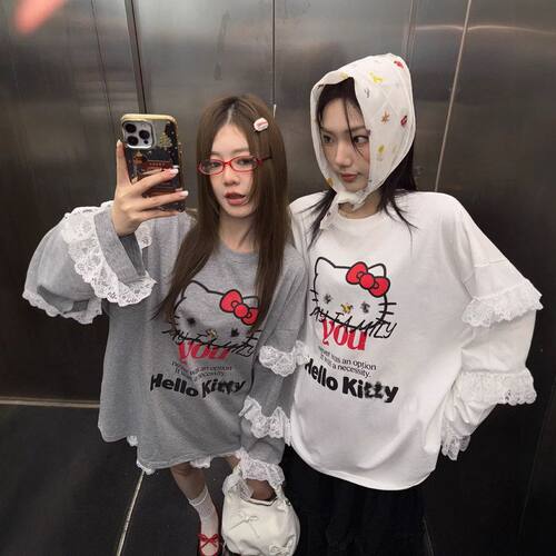 ME KAKAMEE十三行新款蕾丝拼接袖设计喷画KT猫宽松长袖T恤女9123