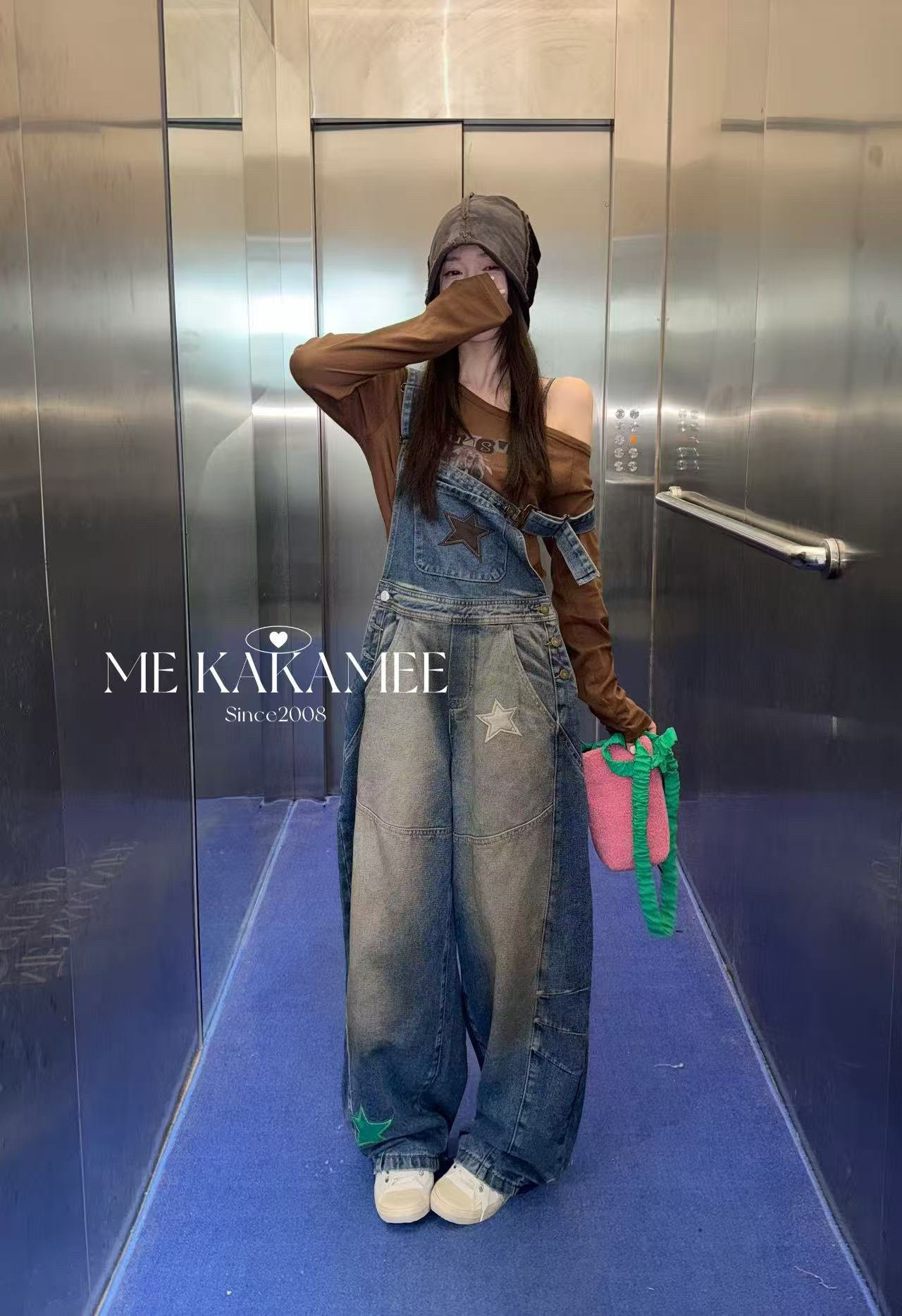 ME KAKAMEE秋新品刺绣五角星做旧洗水工装设计感背带裤C0960