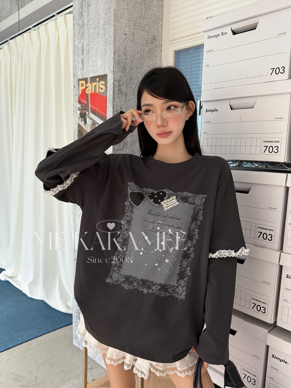 ME KAKAMEE秋新品蝴蝶结汤圆蕾丝拼接假两件宽松大版长袖T恤S5551