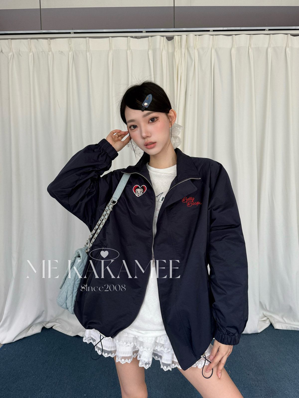 ME KAKAMEE秋新品贝蒂小姐重工刺绣立领抽绳棒球大版短外套S5555