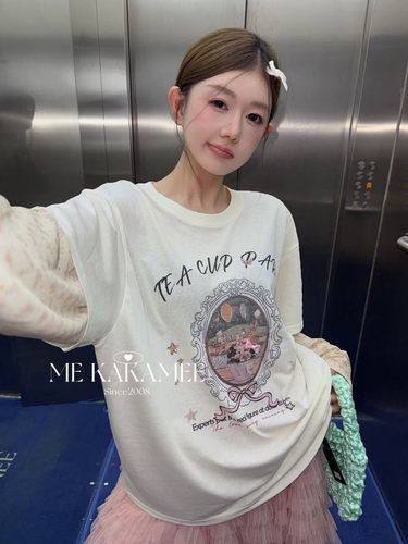 ME KAKAMEE夏新品拼接假两件设计KT猫大版休闲上衣长袖T恤 9271
