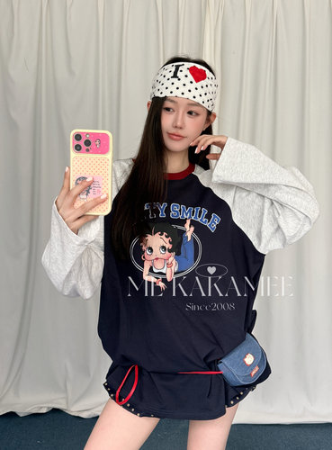 ME KAKAMEE新品韩系卡通贝蒂小姐喷画撞色插肩袖大版长袖T恤S5673