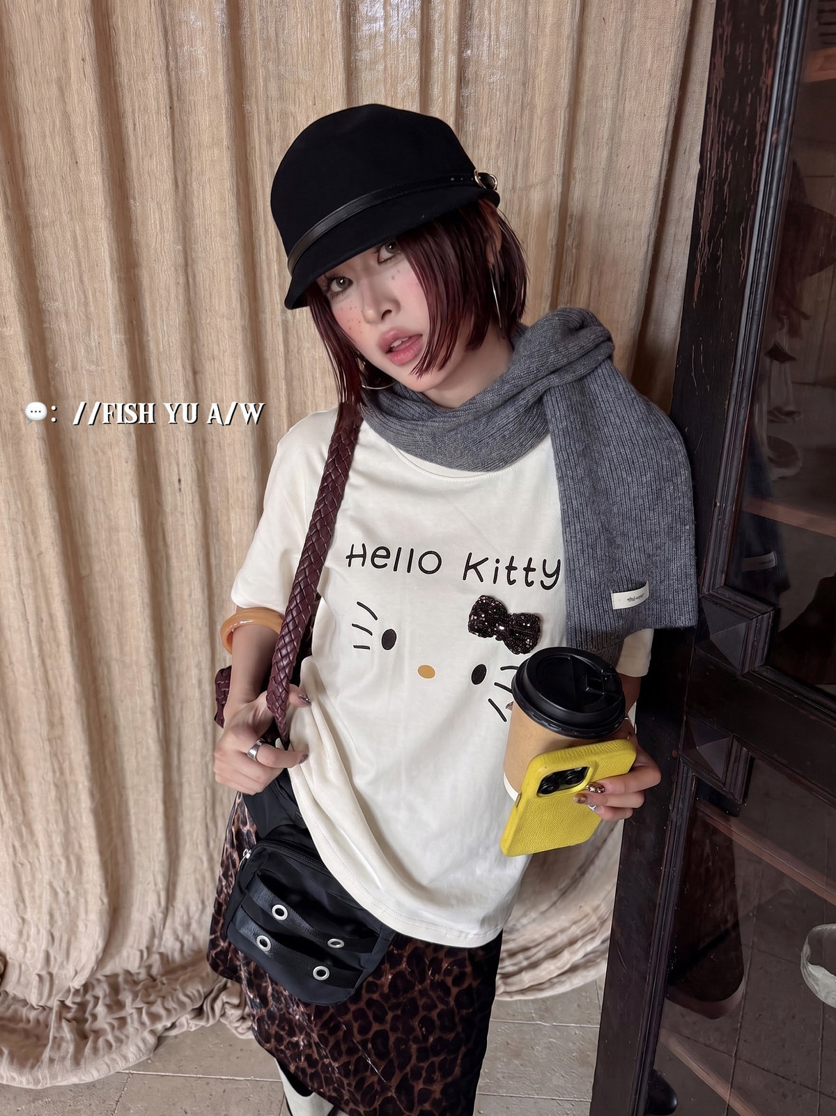 FISH YU美式卡通Kitty立体毛织蝴蝶结圆领小版磨毛短袖T恤626620