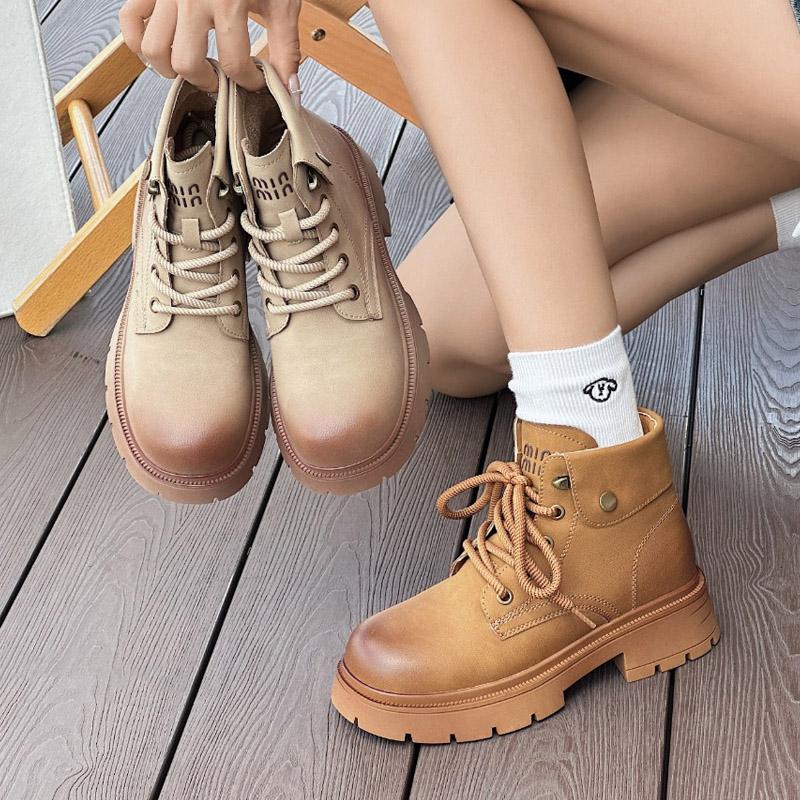 2024年冬季马丁靴7074-6413牛皮圆头系带厚底时尚机车靴真皮女靴