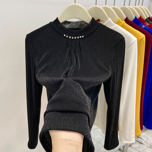 高档镶钻打底衫女秋冬新款加绒加厚洋气网纱T恤内搭外穿保暖上衣