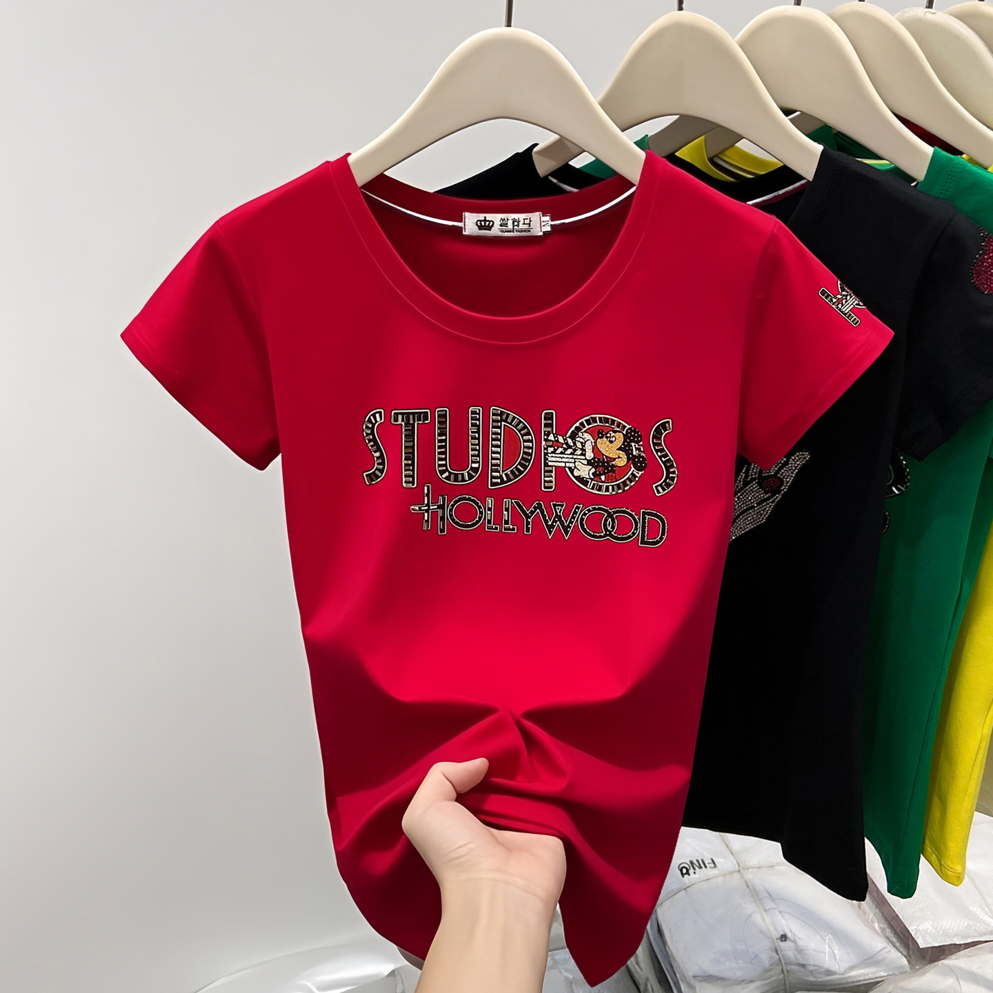 镶钻短袖t恤女夏季新款修身显瘦纯棉糖果色半袖洋气打底衫ins上衣