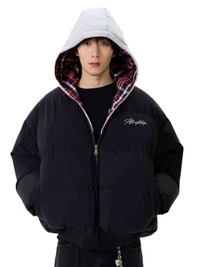 SNUN潮牌正签名字母拼接保暖加厚棉服外套冬季假两件撞色立领棉衣