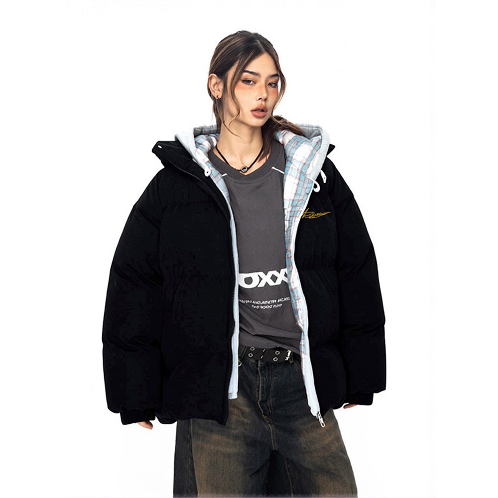 美式A字横签格子假两件连帽棉服