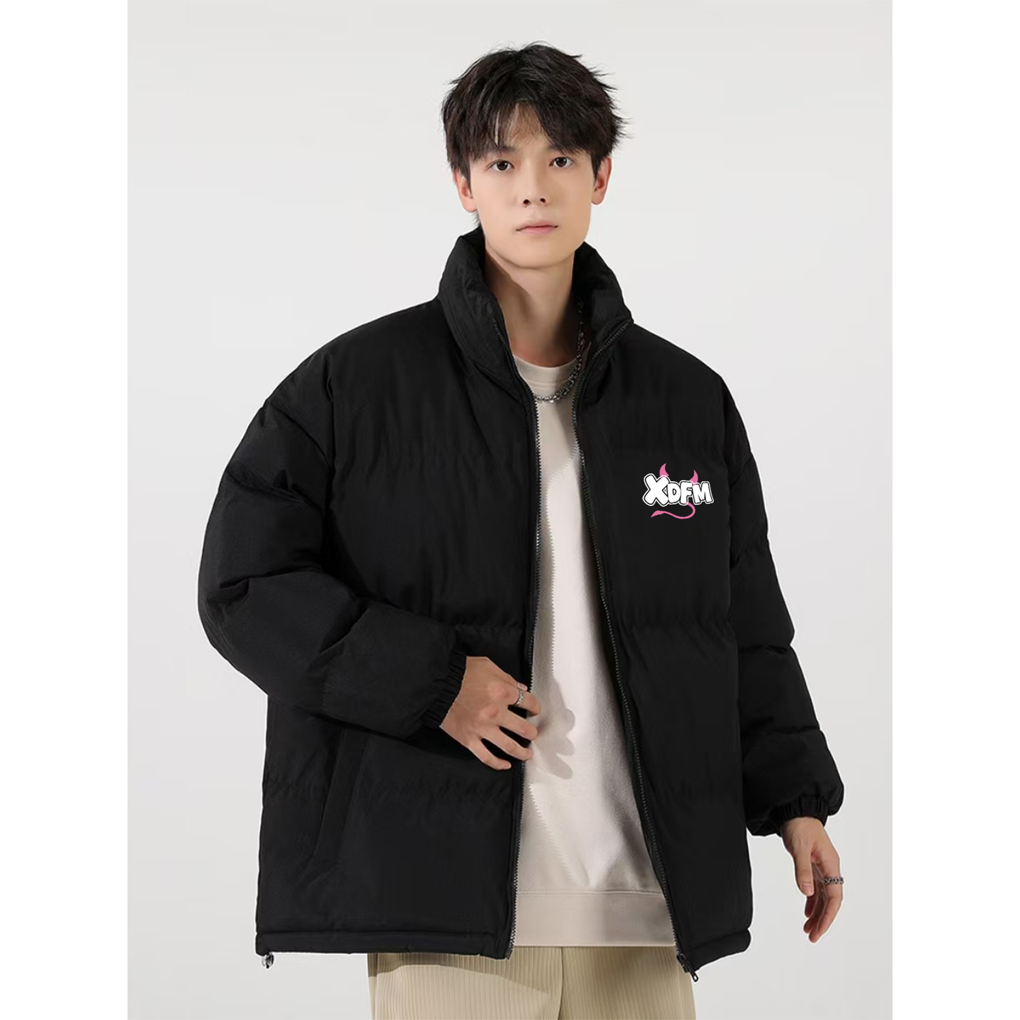 XDFM美式恶魔之眼字母加厚保暖拉链款立领棉服宽松冬季棉衣外套