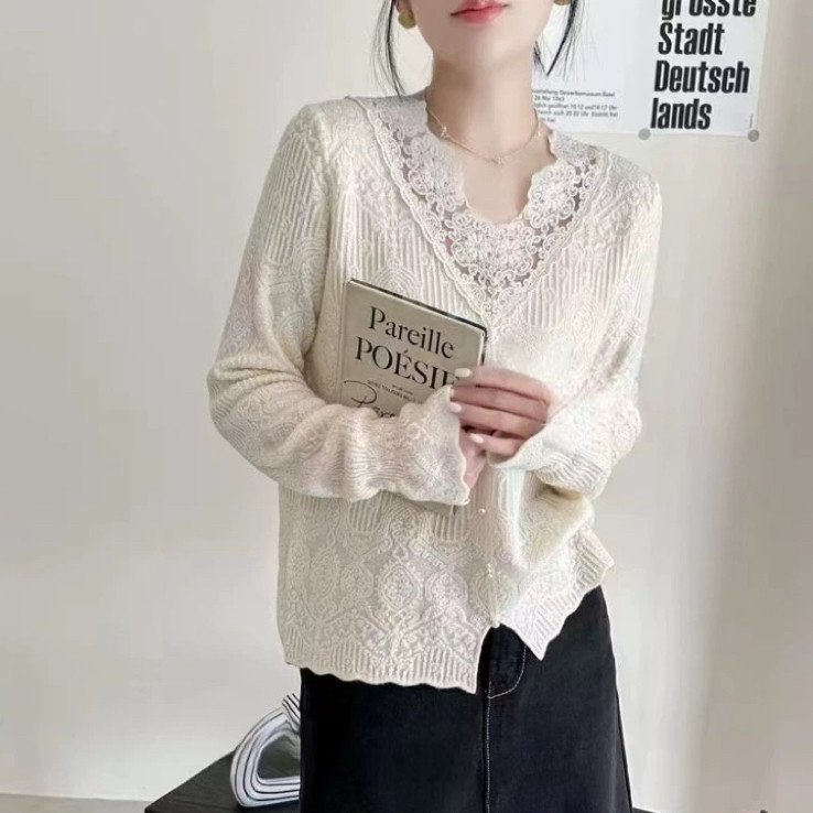 2509春秋针织衫长袖法式宽松女装蕾丝拼接V领百搭显瘦韩版套头