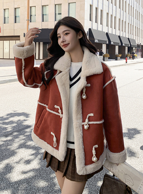 红色麂皮绒羊羔毛外套女秋冬2023新款韩版立领设计感加厚皮毛一体