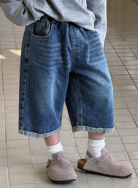 奶酪与喵童装牛仔短裤2026年春款深蓝水洗翻边宽松休闲百搭七分裤