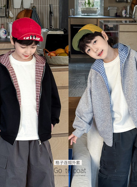 童酷2026男童春款韩版格子连帽宝宝卫衣拉链衫时尚宽松儿童外套潮