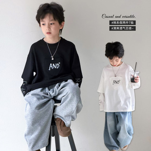 儿童长袖t恤男童打底衫假两件春秋款童装中大童潮酷痞帅春装上衣