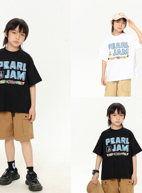 童装短袖2026春夏新款男童中大童涂鸦字母印花宽松短袖高街打底T