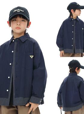 男童衬衫2026春季新款韩版儿童假两件衬衣男宝帅气拼接格子上衣潮