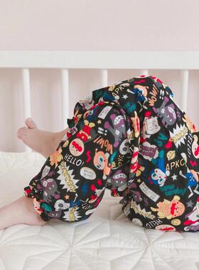 25新款夏季绵绸男女童宝宝纯棉面包超人胖满印防蚊裤束脚长裤亲子