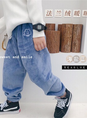 清仓 可爱刺绣男女儿童法兰绒暖暖裤家居保暖裤懒人裤