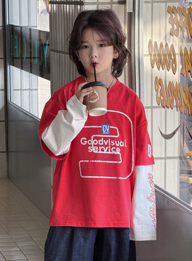 奶酪与喵男童假两件T恤2026春款韩版撞色印花透气百搭中大童长袖