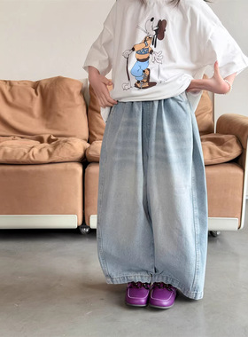 2026春季新款儿童韩版宽松牛仔裤男女童百搭浅蓝色猫须休闲长裤潮