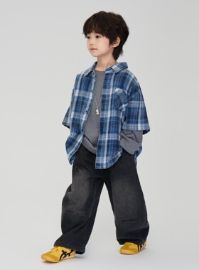 2026春季新款男童洋气叠穿休闲上衣中大童炒洗复古真两件格子衬衫