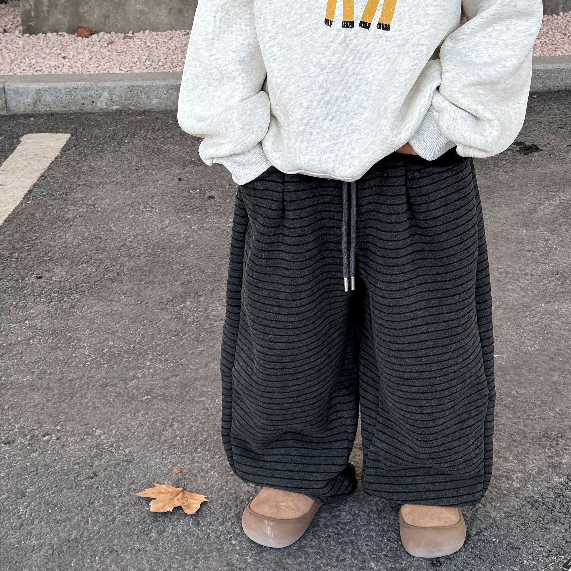 泰如2025冬季新品儿童条纹裤加绒加厚暖暖裤男童韩系休闲保暖长裤