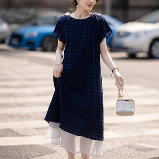 大码 蓝色格纹拼接连衣裙女夏季 2025微胖mm新款 设计感减龄衬衫